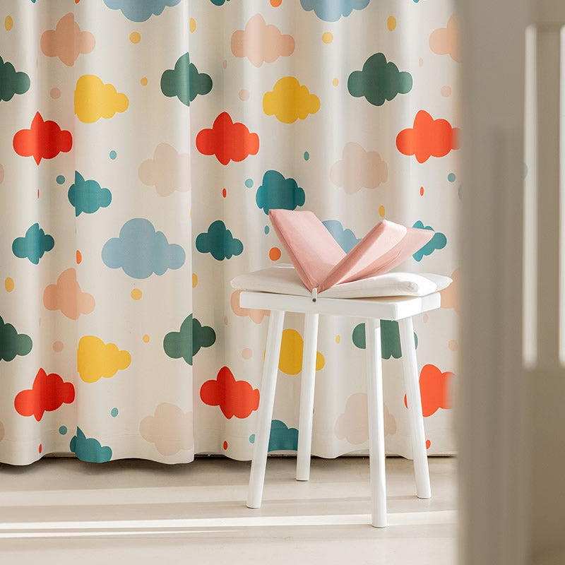 Kids Beige Cotton Linen Blackout Curtains with Colorful Cloud Print