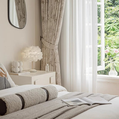Beige Chenille Blackout Curtains with Magnolia Flower Jacquard