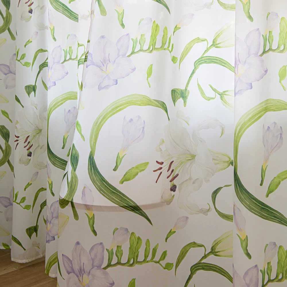 White Sheer Curtains with Watercolor Lily, Purple Flower, and Green Leaves Print