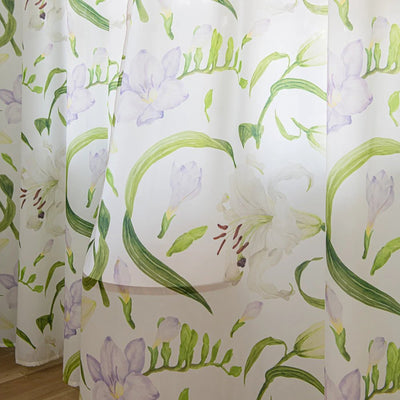White Sheer Curtains with Watercolor Lily, Purple Flower, and Green Leaves Print