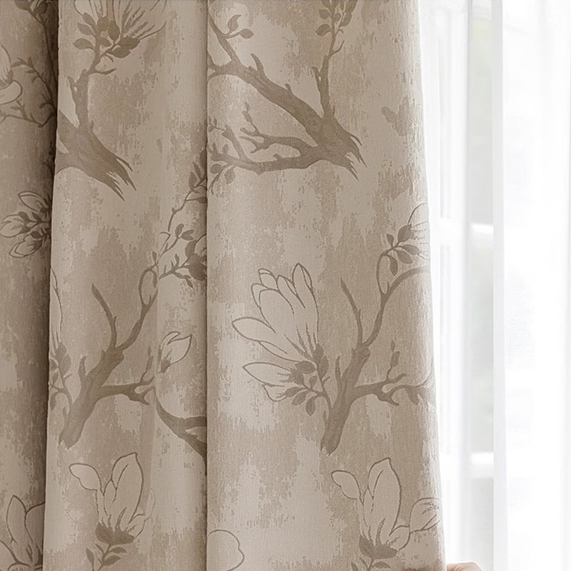 Beige Chenille Blackout Curtains with Magnolia Flower Jacquard