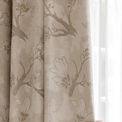 Beige Chenille Blackout Curtains with Magnolia Flower Jacquard