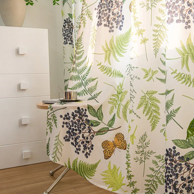 White Sheer Curtains with Green Leaf, Blueberry, and Butterfly Print