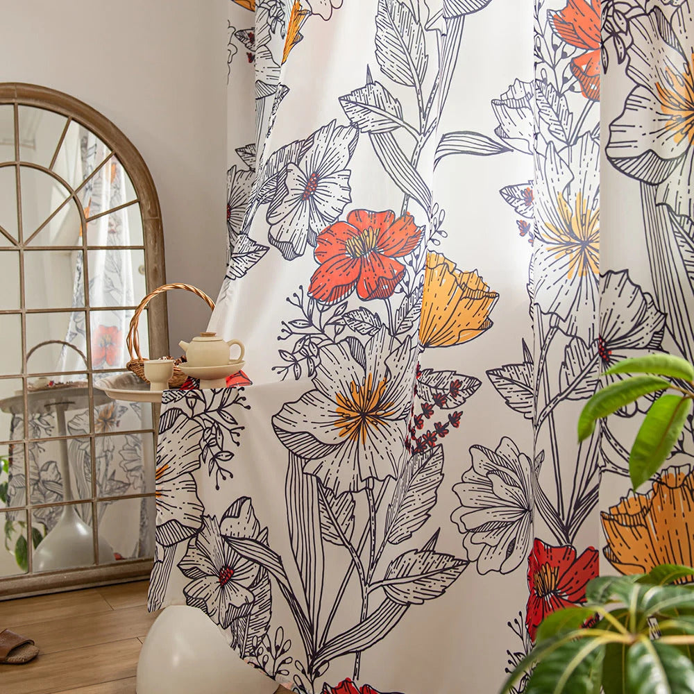 Art Retro Sheer Curtains Orange Floral Design