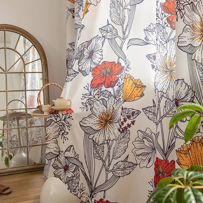 Art Retro Sheer Curtains Orange Floral Design