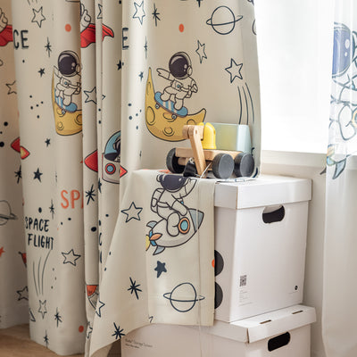 Kids Cartoon Curtains,Cotton Linen,Blackout,Astronaut UFO Space Rocket Print