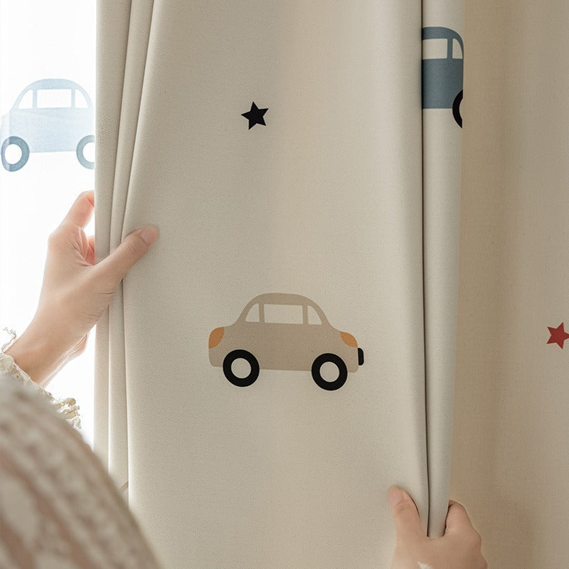 Kids Beige Cotton Linen Blackout Curtains with Car Print