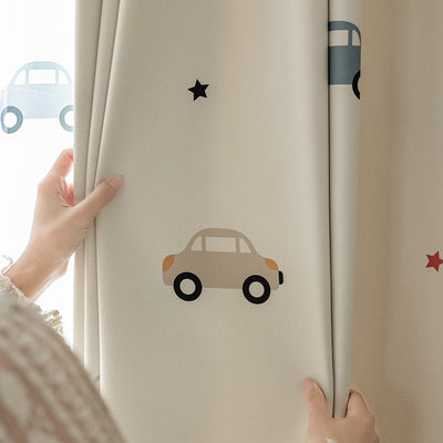 Kids Beige Cotton Linen Blackout Curtains with Car Print
