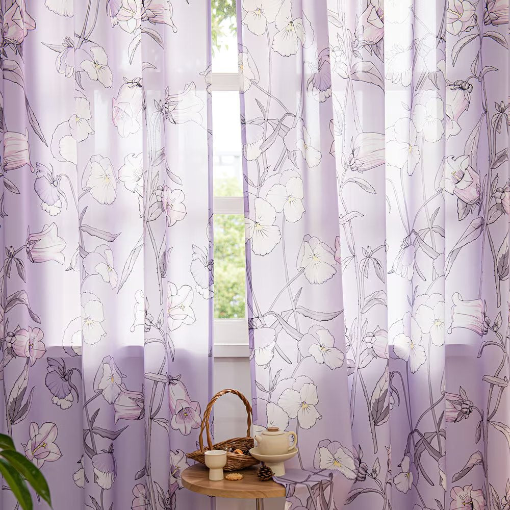 Purple Sheer Window Curtains with Campanula Floral Design