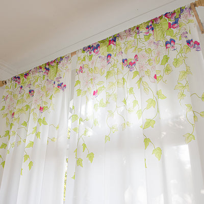 White Sheer Curtains with Green Plant Leaves, Vines, and Butterfly Print