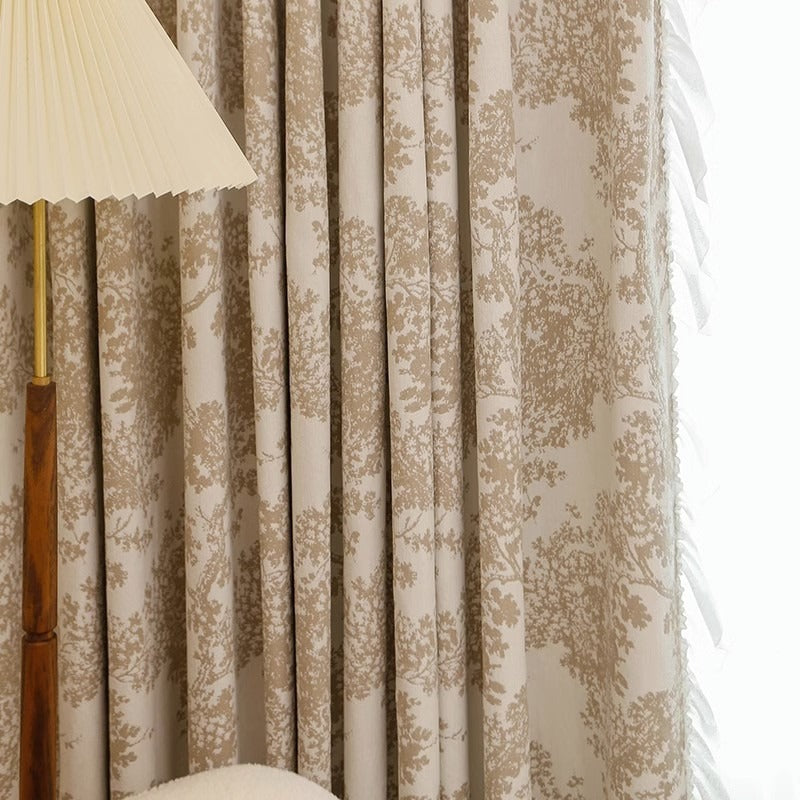 Cream Chenille Blackout Curtains with Jacquard Yumberry Tree White Ruffle Trim