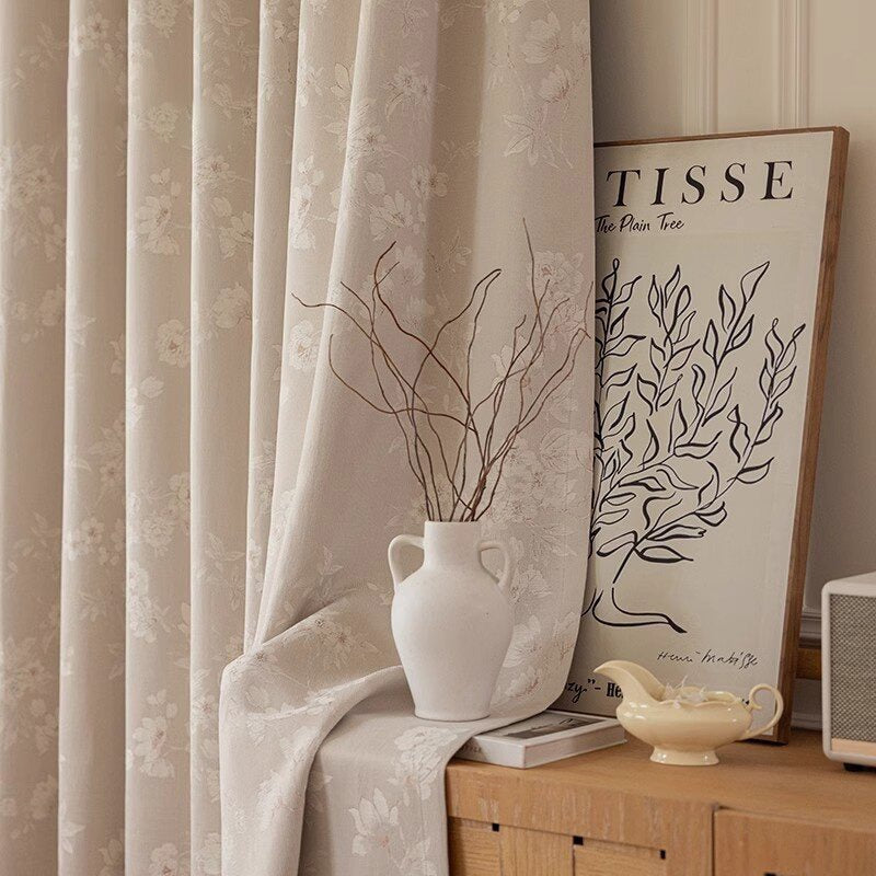 Beige Chenille Blackout Curtains with Magnolia Vintage Flower Jacquard