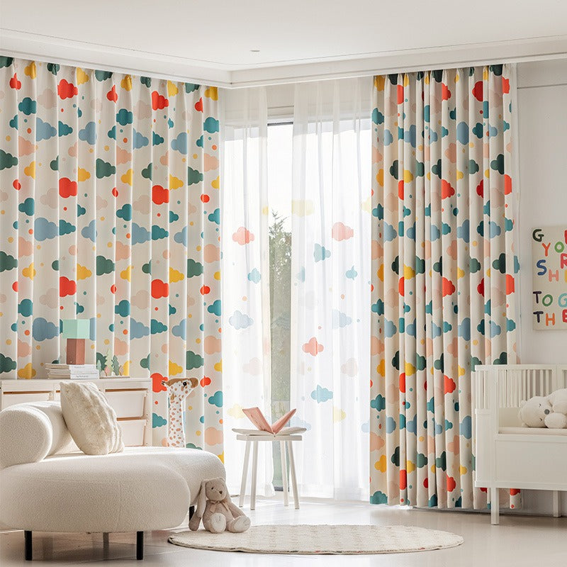 Kids Beige Cotton Linen Blackout Curtains with Colorful Cloud Print