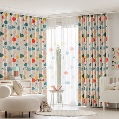 Kids Beige Cotton Linen Blackout Curtains with Colorful Cloud Print