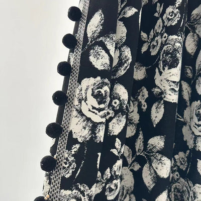 Black Chenille Blackout Curtains with White Rose Jacquard and Black Pom Pom Trim