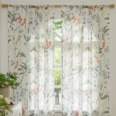 Green Leaf Floral Country Farmhouse White Sheer Curtains