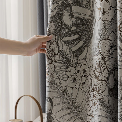 Gray Patchwork Chenille Blackout Curtains with Tropical Plants, Flowers, Brid,Parrots Jacquard