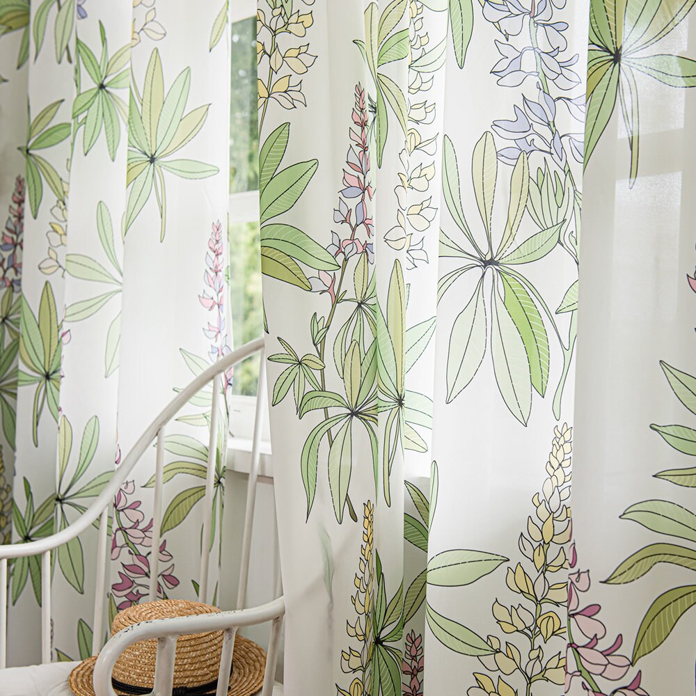 White Sheer Curtains with Purple Lavender Floral and Green Leaves Print