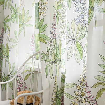 White Sheer Curtains with Purple Lavender Floral and Green Leaves Print