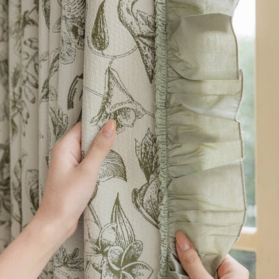 Green Blackout Curtains with Floral Plant Jacquard and Green Leaf Trim