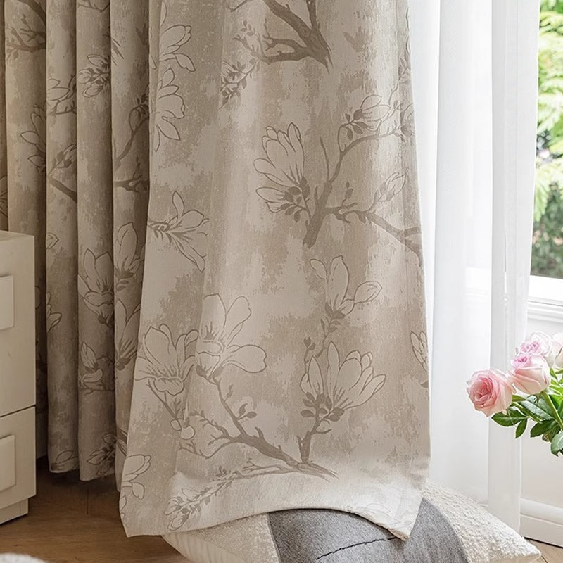Beige Chenille Blackout Curtains with Magnolia Flower Jacquard