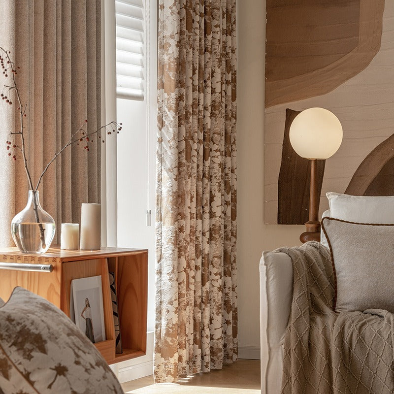 Brown Blackout Curtains with White Artistic Vintage Floral Jacquard