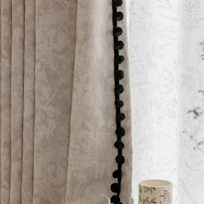 Beige Blackout Curtains with Vintage Jacquard Black Pom Pom Trim