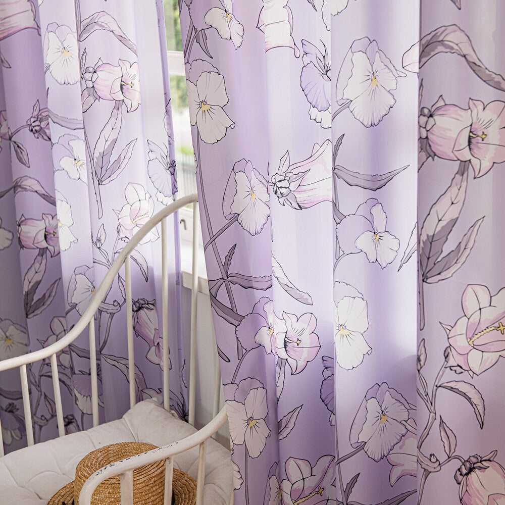Purple Sheer Window Curtains with Campanula Floral Design