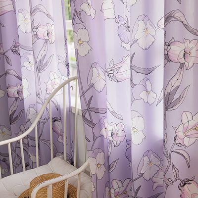 Purple Sheer Window Curtains with Campanula Floral Design