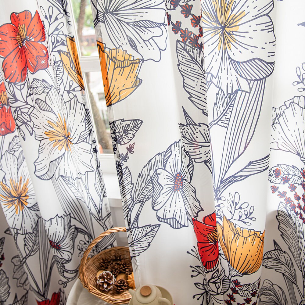 Art Retro Sheer Curtains Orange Floral Design