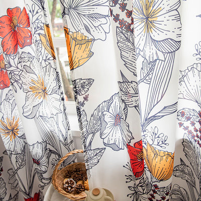 Art Retro Sheer Curtains Orange Floral Design