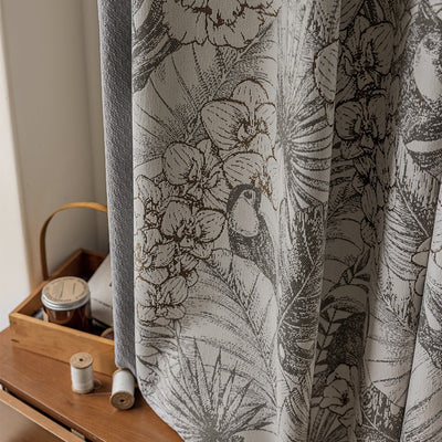 Gray Patchwork Chenille Blackout Curtains with Tropical Plants, Flowers, Brid,Parrots Jacquard