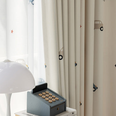 Kids Beige Cotton Linen Blackout Curtains with Car Print