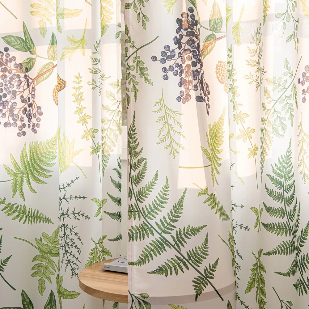 White Sheer Curtains with Green Leaf, Blueberry, and Butterfly Print