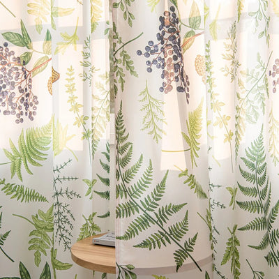White Sheer Curtains with Green Leaf, Blueberry, and Butterfly Print