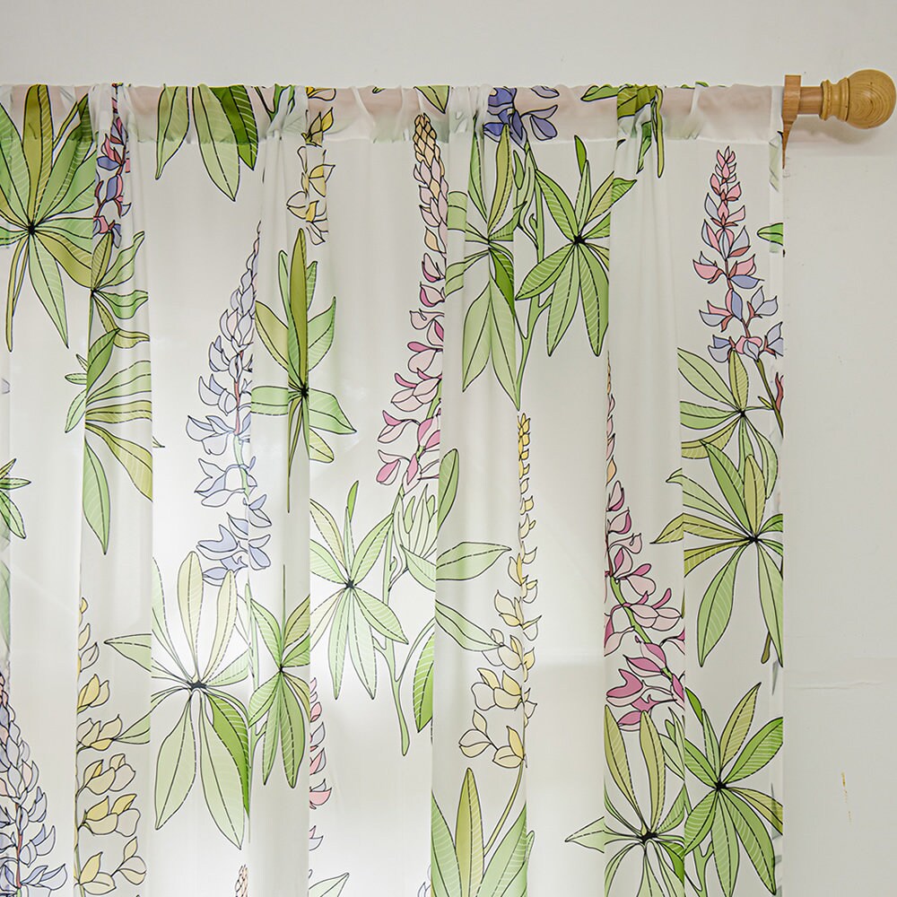 White Sheer Curtains with Purple Lavender Floral and Green Leaves Print