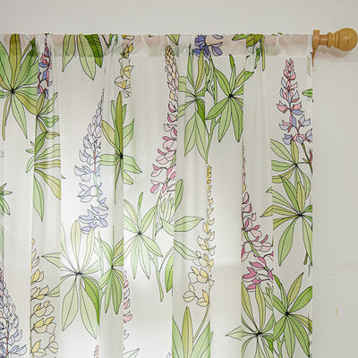 White Sheer Curtains with Purple Lavender Floral and Green Leaves Print