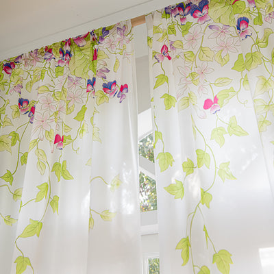 White Sheer Curtains with Green Plant Leaves, Vines, and Butterfly Print