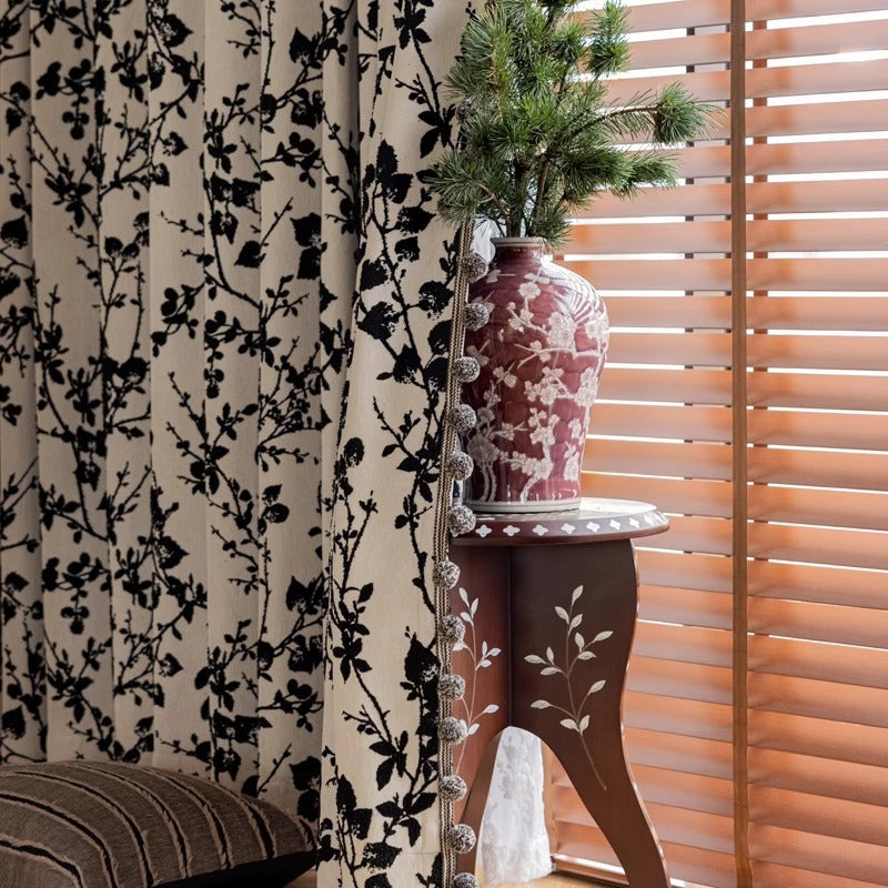 Chenille Blackout Curtains,Black Floral Branch Jacquard, Pom Pom Trim