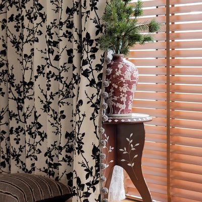 Chenille Blackout Curtains,Black Floral Branch Jacquard, Pom Pom Trim