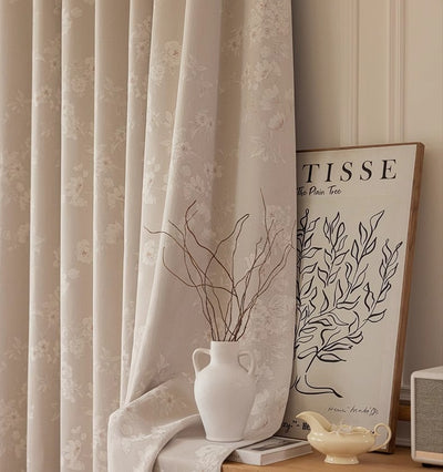 Beige Chenille Blackout Curtains with Magnolia Vintage Flower Jacquard