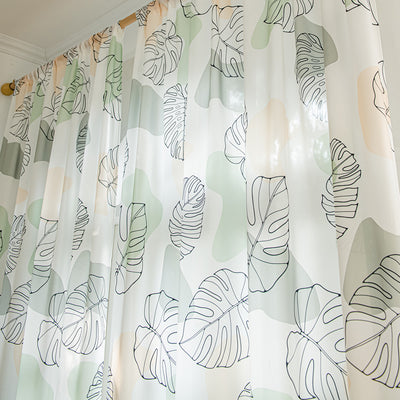 White Sheer Curtains with Green Tropical Leaf Plant Print