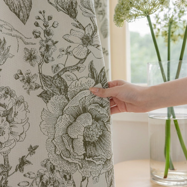 Green Blackout Curtains with Floral Plant Jacquard and Green Leaf Trim