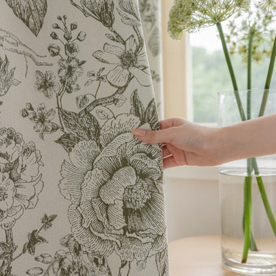 Green Blackout Curtains with Floral Plant Jacquard and Green Leaf Trim