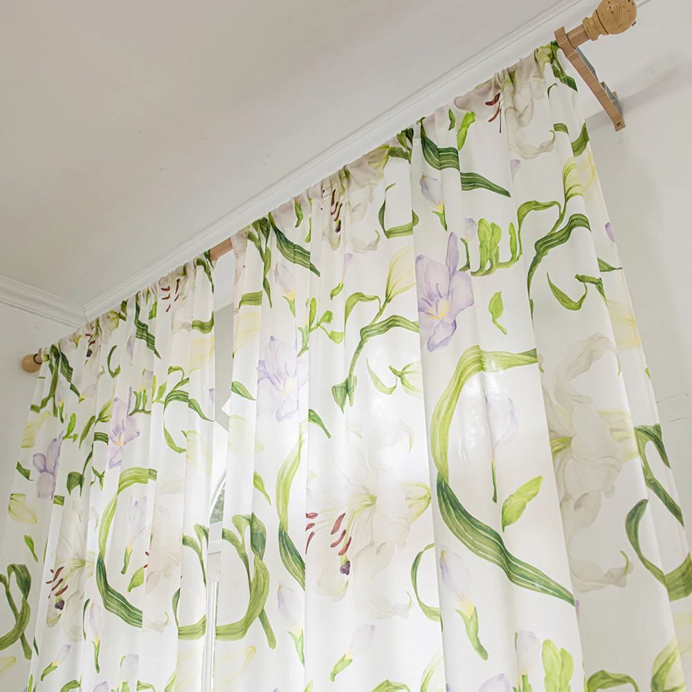 White Sheer Curtains with Watercolor Lily, Purple Flower, and Green Leaves Print