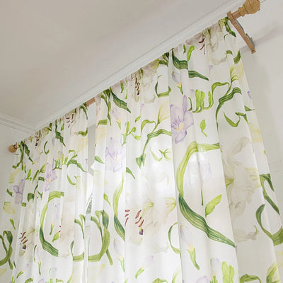 White Sheer Curtains with Watercolor Lily, Purple Flower, and Green Leaves Print