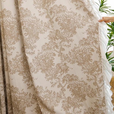 Cream Chenille Blackout Curtains with Jacquard Yumberry Tree White Ruffle Trim