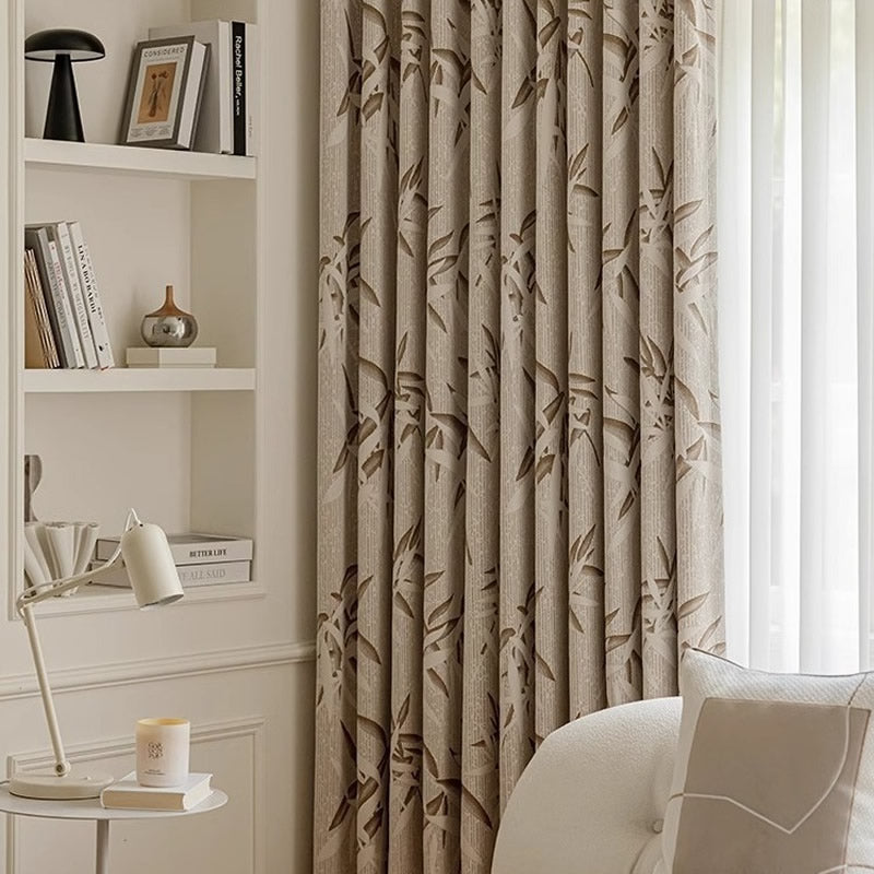 Beige Blackout Curtains with Jacquard Bamboo Pattern