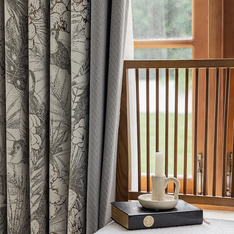 Gray Patchwork Chenille Blackout Curtains with Tropical Plants, Flowers, Brid,Parrots Jacquard