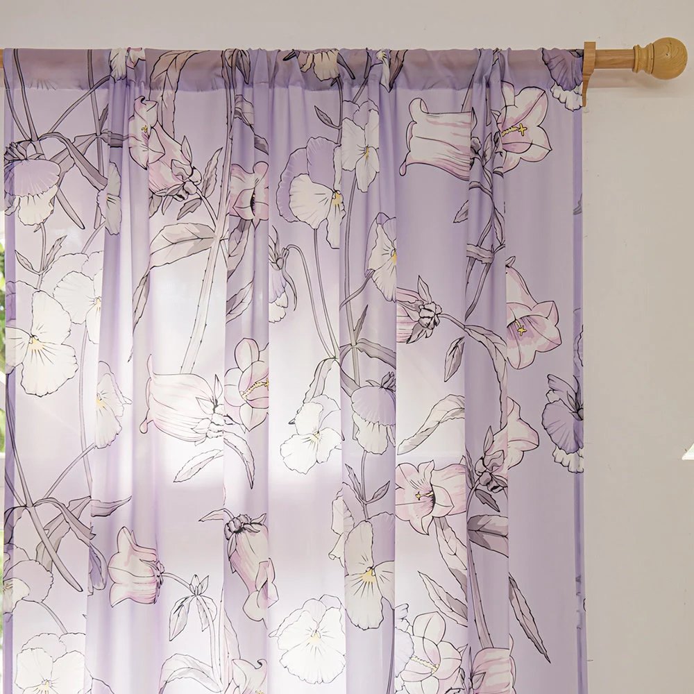 Purple Sheer Window Curtains with Campanula Floral Design